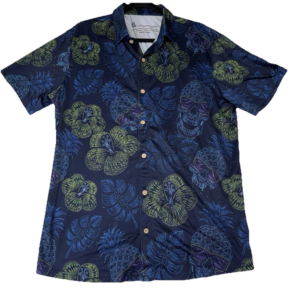 Castaway Casual Polo Shirt Mens M Blue Skulls Button Up Performance Stretch Med